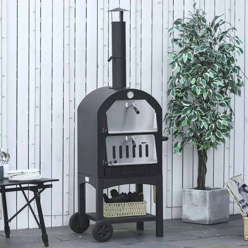 2-In-1 Pizzaofen Outdoor mit Rollen 3-Tier Holzbackofen für BBQ Stahl Schwarz+Silber 63 x 54 x 161 cm
