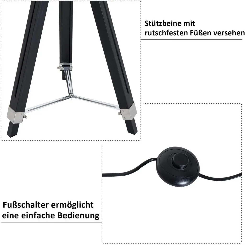 Stehlampe Dreibein Stehleuchte höhenverstellbar 108-152cm E27 Industrial Schwarz