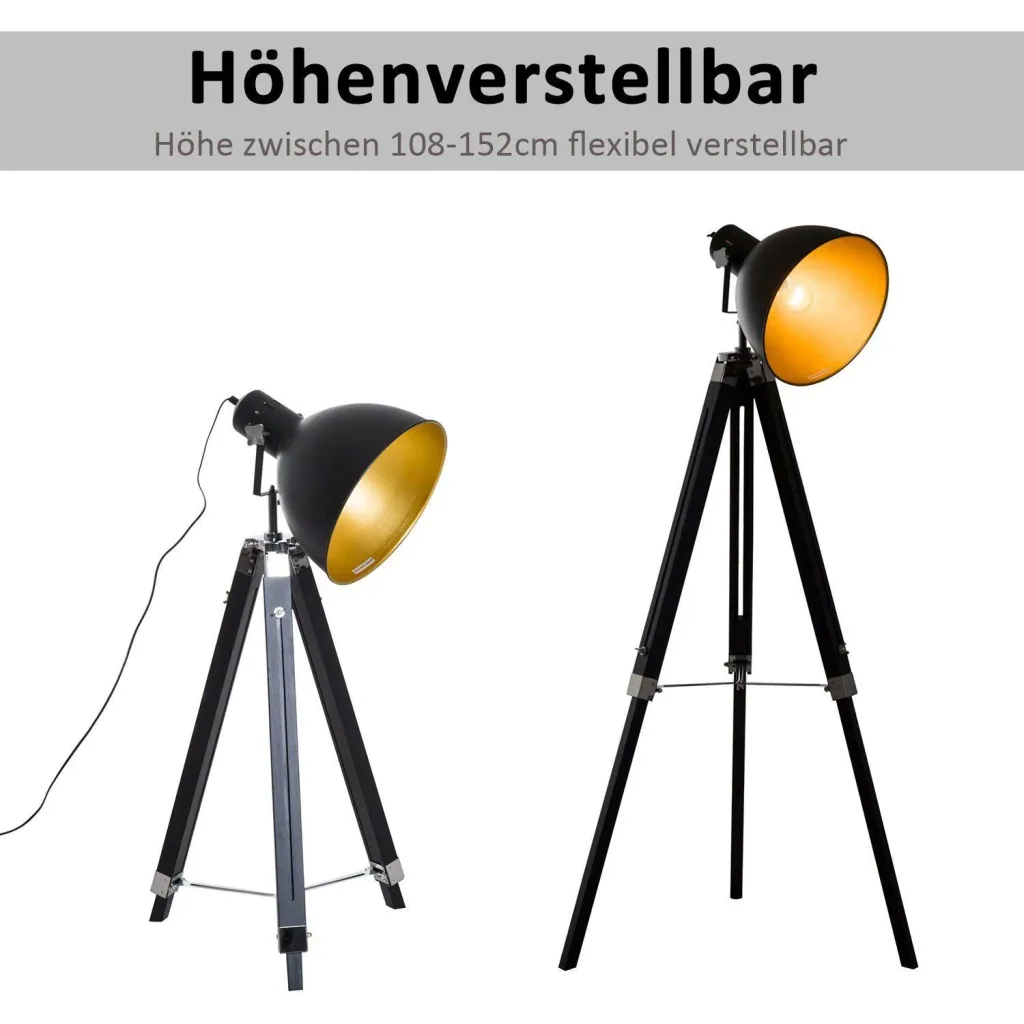 Stehlampe Dreibein Stehleuchte höhenverstellbar 108-152cm E27 Industrial Schwarz